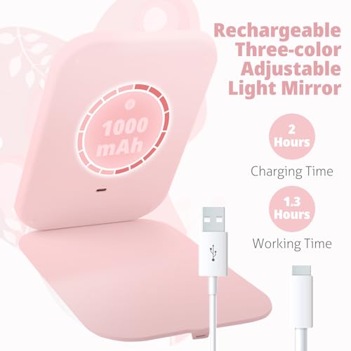 Travel Makeup Mirror, Portable Mirror with 3 Adjustable Light Settings, USB-Rechargeable Vanity Mirror with Lights£¬Gift for Women and Girls (Pink)
