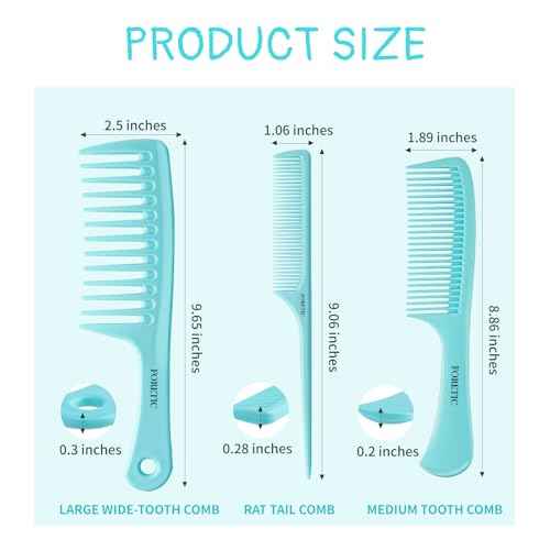 Hair Comb 3-in-1 Plastic Hair Comb Set For Women, Men - Wide Tooth, Rat Tail, and Regular Tooth Detangling Hair Combs for All Hair Types-Blue
