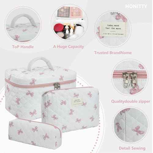 Makeup Bag,Quilted Cosmetic Bag,Large Floral Make Up Bag for Women,Cotton Makeup Bag Set,Flower Travel Toiletry Bag