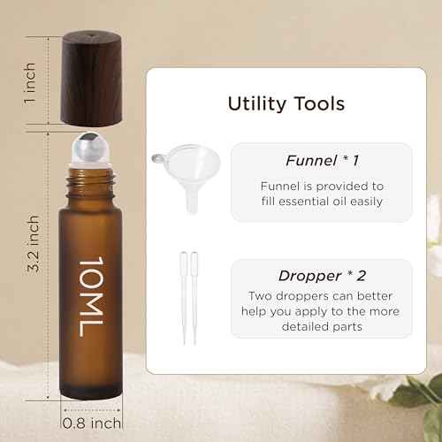 Essential Oil Roller Bottles, 10ml Thick Glass Perfume Roller Bottles with Funnel Opener and Dropper Amber Glass Empty Bottles with Stainless Steel Roller Balls (Amber, 12 Pack)