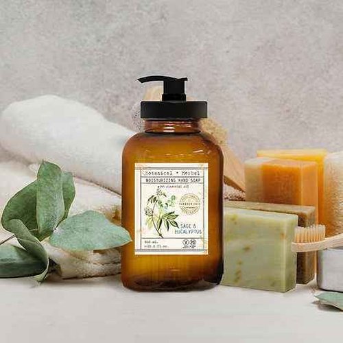 Home and Body Company Botanical + Herbal Hand Soap 22FL/605ml Infused with Essential Oils, Made in a Amber GLASS BOTTLE (Sage Eucalyptus)