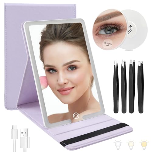 WangSelect Travel Mirror with Light Ultrathin Portable Travel Makeup Mirror Rechargeable 2000mAh and 3 Color Settings Lighted Vanity Mirror Include 10X Magnifying Mirror&Tweezers Set -Purple