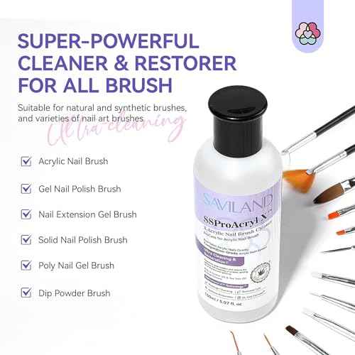 SAVILAND Acrylic Nail Brush Cleaner: 5 OZ Large Capacity Acrylic Brush Cleaner Castor Oil Nail Brush Cleaner Conditioner Restorer with Nail Cleaning Pads & Dappen Dish for Acrylic Nails Home Salon DIY