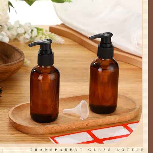 Fumete 2 Pack Glass Bottles 4oz Empty Refillable Liquid Containers with 1 Label 1 Funnel for Essential Oils Hair Travel Plants Cleaning Skin Care(Amber, Black Top,Pump Bottle)