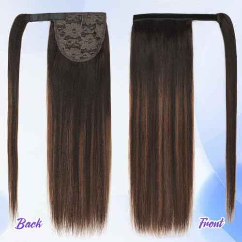 18 Inch Human Hair Ponytail 80g Long Wrap Around Ponytail Brown Balayage Real Hair Ponytail Extension for Women(18inch,Brown Balayage)
