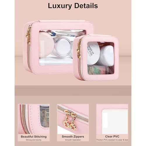 Small Clear Makeup Bag for Purse, Cute Mini Clear Cosmetic Bag Case Organizer, TSA Approved Square Small Makeup Case Pouch with Zipper, Car Travel Purse Essentials for Women (Pink, S)