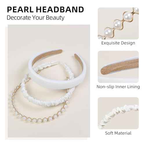 3PCS Headbands for Women & Girls - White Pearl Non-Slip Wide Padded Headbands - Cute & Vintage Women's Hair Accessories