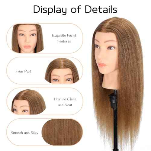 Mannequin Head Human Hair, 100% Real Hair Cosmetology Manikin Head for Practice Braiding Hairstyling Cutting with Free Clamp Holder and Tools (100% Light Brown)