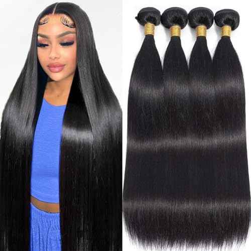 Human Hair Bundles,Straight 4 Bundles 20 20 20 20 Inch,16A Bundles Human Hair,100% Unprocessed Virgin Brazilian Hair Extensions Double Weft, Quick Weave Sew In Hair Bundle