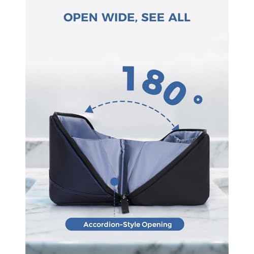 WANDF Toiletry Bag for Men, PU Leather Travel Organizer with Detachable Waterproof Hanging Pouch, Open-Flat Dopp Kit Shaving Bag with Wet Pocket for Travel Toiletries Accessories (Navy Blue)