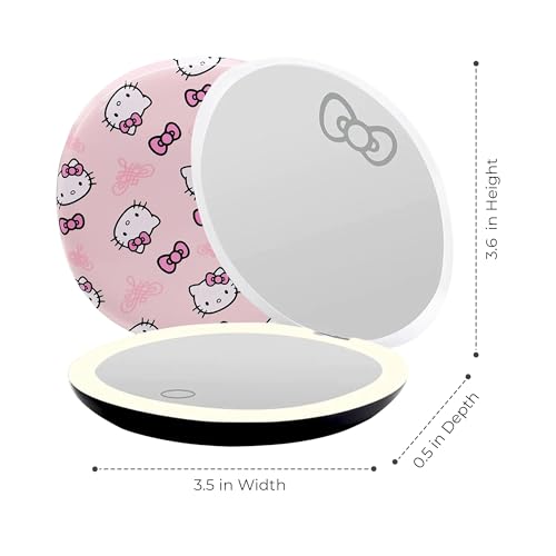 Impressions Vanity Hello Kitty Supercute Signature Compact Mirror with Light, Travel Makeup Mirror with 3X Magnification and Daylight LED Lighting and Adjustable Brightness (Pink)