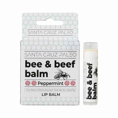 Santa Cruz Paleo Grass Fed Beef Tallow & Beeswax Peppermint Lip Balm, 1 Pack, Beef Tallow for Skin Care Moisturizer, Hypoallergenic for Sensitive Skin, Long Lasting & Vitamin Rich, Peppermint
