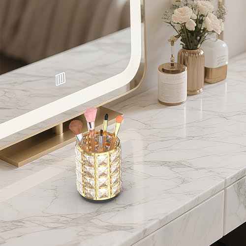 LUGUNU Makeup Brush Holder with Golden Crystal Bling ? Elegant Vanity Organizer for Brushes, Pens & Pencils, Ideal for Bathroom or Office Countertop(2Pack)
