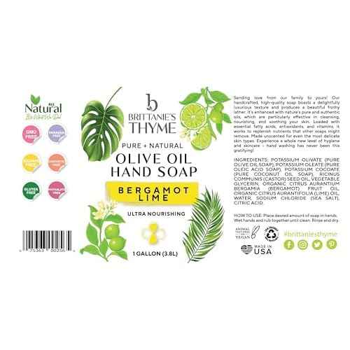 Brittanie's Bergamot Lime Pure Castile Olive Oil Liquid Soap 1 Gallon (128oz) | Face, Body Wash, Dishes, Pets & Laundry | Natural Vegan Sulfate Free, Moisturizing & Refill-Friendly