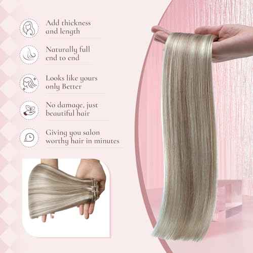 20 Inch Clip in Real Human Hair Extensions, P8/60 Ash Brown Highlights Platinum Blonde Remy Thick Invisible Straight Clip Hair,Seamless,95 Gram 7 Pieces With 16 Clips
