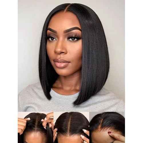 Nadula Bye Bye Knots Glueless Straight Bob Drawstring Wig Human Hair Pre Plucked, Pre Cut 7x5 HD Lace Front Wigs Invisible Bleached Knots Ready to Wear Pre Everything Short Bob Wig 150% Density 12inch
