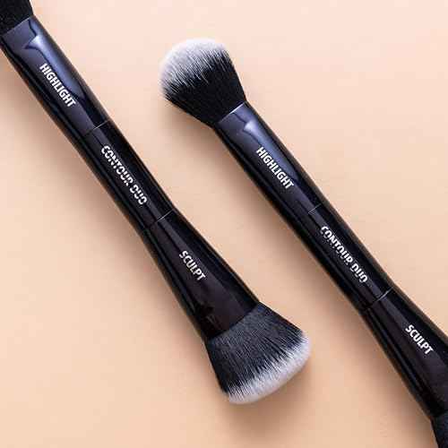 Lune+Aster Contour Duo Brush | Dual-Ended Contour Makeup Brush To Sculpt And Highlight. Made with Alumium Handle, Vegan Bristles.