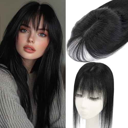 Rich Choices Hair Toppers for Women Real Human Hair 360¡Æ3D Clip in Bangs 100% Remy Human Toppers with Bang for Thinning 150% Density Upgrade Extended 2"*6"Lace Base 12 Inch #01 Jet Black