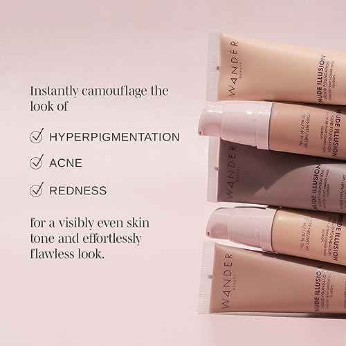Wander Beauty Nude Illusion Liquid Foundation - Tan - Medium to Full Coverage Foundation - Natural Makeup with Vitamin E & Macadamia - Nude Skin Finish Blurs & Conceals - Travel-Friendly - 1.01 fl oz