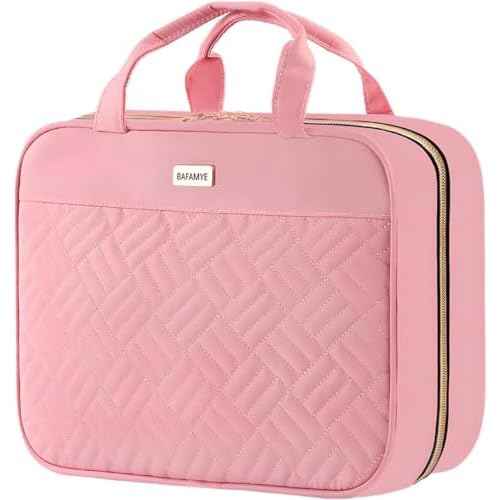 Toiletry Bag Travel Bag with Hanging Hook, Water-Resistant Makeup Cosmetic Bag Organizer for Accessories, Full-Size Shampoo and Toiletries, Large, Light Pink, BAF-019