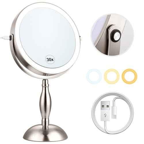Makeup Mirror with Lighted, 30x Magnifying Mirror with 3 Lights Colors, Vanity Mirror Brushed Nickel - 360¡Æ Rotation, Brightness Adjustable Magnification, Modern Style Side Touch + Side Charge