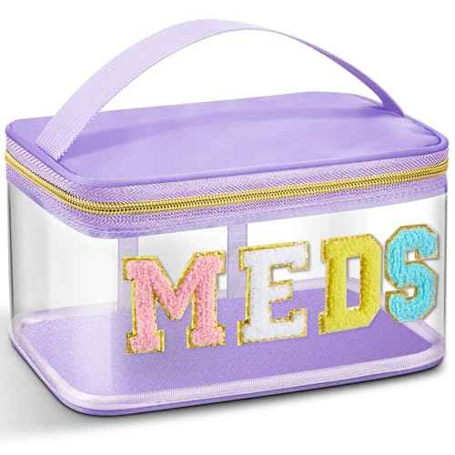 Geetery Chenille Letter Bag, Meds Cheer Travel Cases Cheerleader Gifts Cosmetic Bag Nylon Makeup Portable Preppy Patch with Zipper Toiletry Storage Case for Women(Purple,Meds)