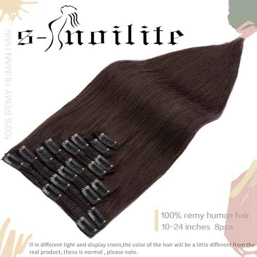 S-noilite Clip in Hair Extensions Human Hair for Women Thick True Double Weft 100% Real Remy Brown Human Hair Full Head 8 Pieces 18 Clips Straight Silky (18 Inch - 140g,Dark Brown (#2))