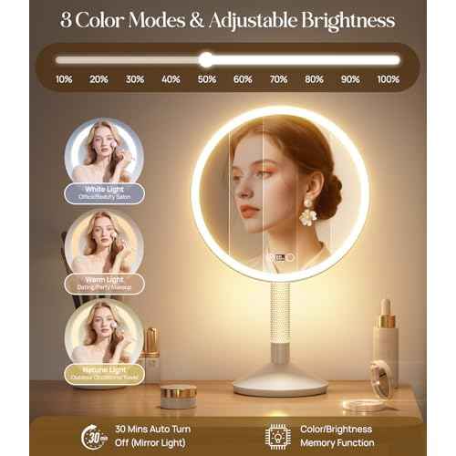 Gospire 10.8 Inch 2-in-1 Large Vanity Mirror with Lights & Bedside Table Lamp, Height Adjustable Lighted Makeup Mirror with Magnification 10X, 5000mAh Battery, 3-Color Desk Light Up Mirrors Bathroom