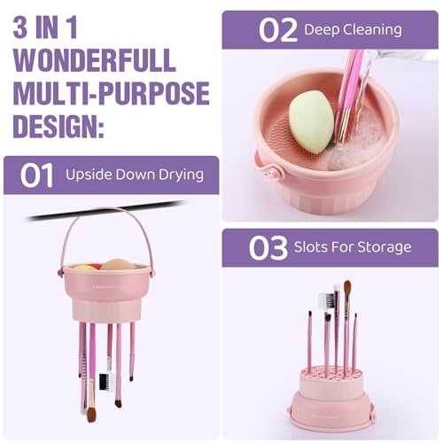 2 Pack Makeup Brush Cleaner Mat 3 in 1 Silicone Makeup Brush Cleaner Makeup Brush Cleaning Bowl Makeup Brush Sponge Scrubber Tool for Cleaning, Storage And Upside Down Drying£¨Two Pink)