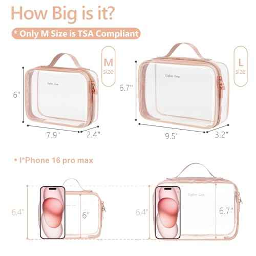 PACKISM Clear Makeup Bag - 2 Pack TSA Approved Toiletry Bag with Handle and 180¡Æ Large Opening, Clear Toiletry Bag Fit Carry-on Travel Essential, Travel Bags for Toiletries, Rose Pink