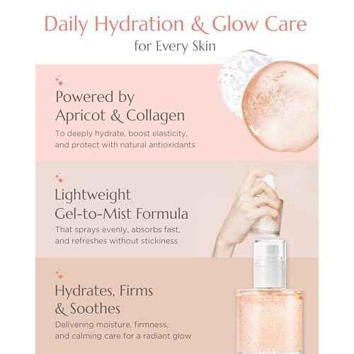 Apricot Collagen Gel Serum Mist - Korean Face Moisturizer French Patented with 8-Layer Hyaluronic Acid, Bakuchiol, Adenosine for Hydration Glow Firming Anti-Aging Spray, 6.76 fl.oz.