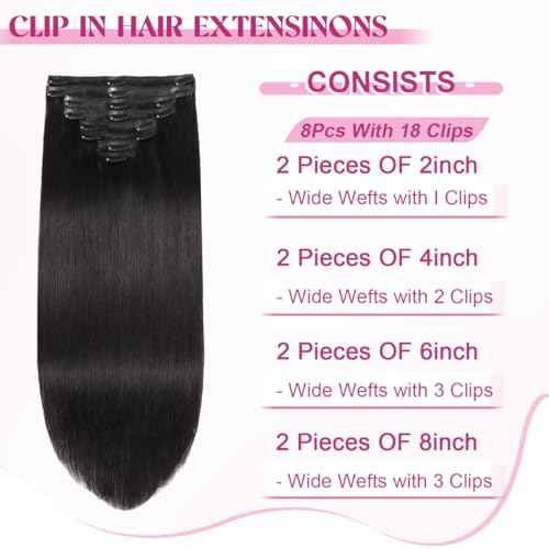 Clip in Hair Extensions Real Human Hair, 20 Inch 105g 100% Remy Human Hair Clip in Extensions for Women, Invisible Straight Seamless Clip ins Hair Extensions 8pcs Double Weft #1B Natural Black