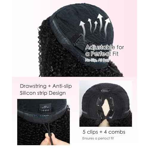 QUEEN VIRGIN REMY QVR Lace V-Part Wig Human Hair Kinky Curly No Leave Out V Shape Full Head Clip In Half Wig with Drawstring Natural Black Curly U Part Human Hair Wig for Black Women 14 Inch