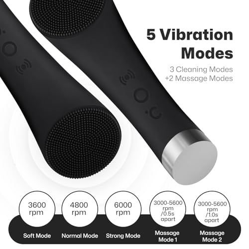 PRITECH Facial Cleansing Brush, Rechargeable Silicone Face Scrubber with Heat Massage End, Vibrating Exfoliator Scrubber for Deep Cleaning, Waterproof Face Brush for Women and Men (Black)