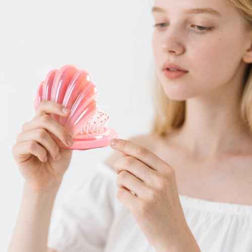 Iridescent Shell Folding Hair Brush with Mirror, Compact Travel Size Mermaid Hair Brush for Purse, Portable Brush Mini Pocket Mirror Massage Comb for Women (PINK)