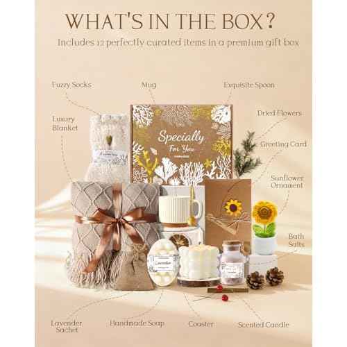 Coralogo Spa Gift Baskets for Women - Get Well Soon, Self Care, Relaxing Sunflower Gift Basket, 12pcs Spa Sets for Women, Luxury Gifts for Birthday Christmas Valentines Day Mothers Day