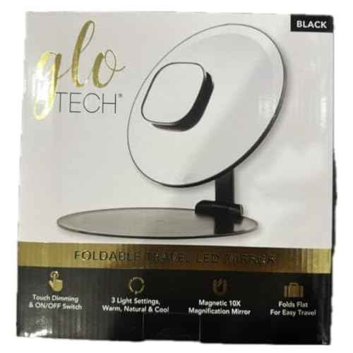 Foldable Travel Led Mirror - Touch Dimming & On/Off Swtich, 3 Light Settings, Warm, Natural & Cool, Magnetic 10X, Magnification Mirror, Folds Flat for Easy Travel (Black)