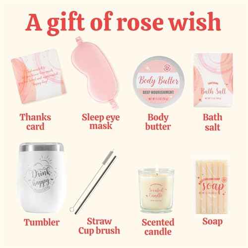 Gifts for Women Bath & Body Rose Spa Gift Sets for Birthday, 8 Pcs Gift for Women, Self Care Kit for Tumbler, Eye Mask, Christmas Gifts