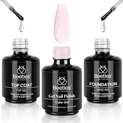 beetles Gel Polish 3 Pcs 15ml No Wipe Gel Top and Base Coat Bubble Bath Gel Polish Soak Off Uv Lamp-Long Lasting Glossy Top Base Gel Milky Pink Gel Nail Polish Jelly Gel Polish Set for Women