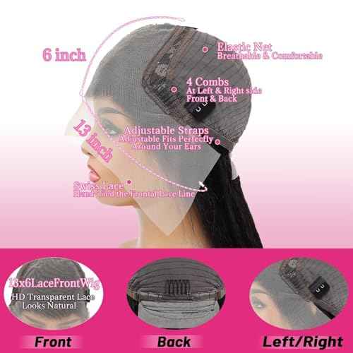 28 Inch 13x6 Lace Front Wigs Human Hair Pre Plucked, Real 10A 180% Density Body Wave HD Transparent Lace Frontal Wigs with Baby Hair for Women, Glueless Wig, Natural Black