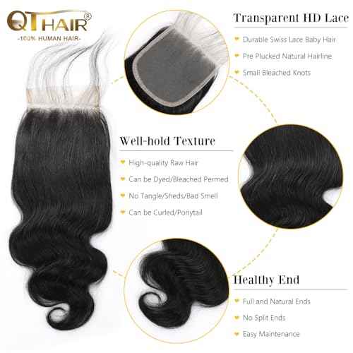 QTHAIR 16A Brazilian Body Wave Human Hair Lace Closure(20" Free Part Natural Black) 100% Unprocessed Brazilian Body Wave Virgin Hair Swiss Lace Closure 150% Density 4x4 Closure