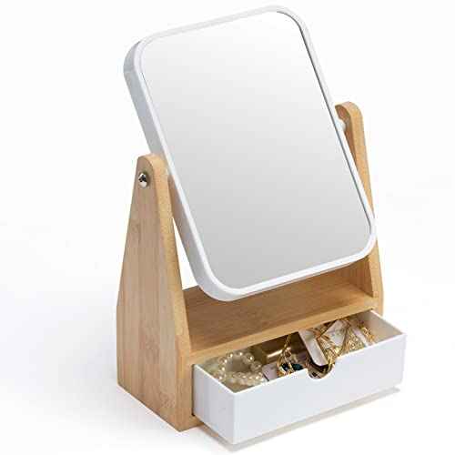 YEAKE Vanity Double Sided Magnifying Makeup Mirror with Storage, Adjustable Natural Bamboo Stand, Portable Desk/Table Mirror, Rectangular