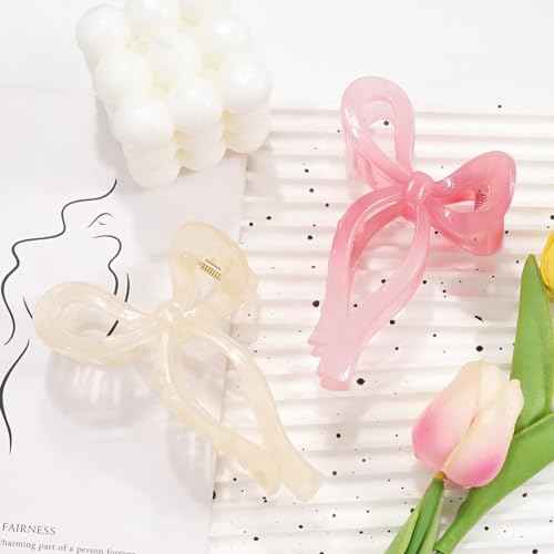 Ayesha Bows Claw Clips - 2 Colors Ribbon Coquette Clips for Thick Hair and Girls, Including Pink