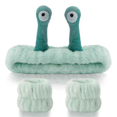 SuPoo 3pcs Snail Face Wash Headband and Wristband Set, Green, Puffy Microfiber Fleece Material, Cute Wrist Towels, for Spa, Sports, Yoga, Face-Washing, Makeup and Shower