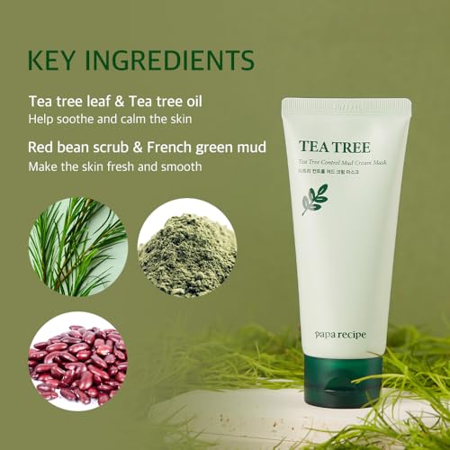 Papa Recipe Tea Tree Mud Mask ? Kaolin & Bentonite Clay for Pore Care & Oil Control ? Red Bean Exfoliation & Soothing Formula ? Korean Skincare