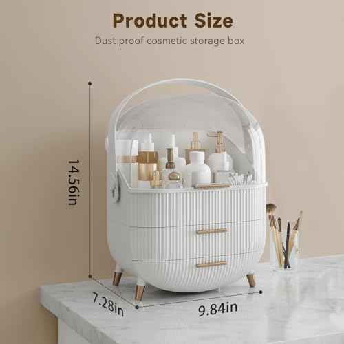 Makeup Organizers, Make Up Organizer for Vanity, Countertop Cosmetic Storage with Drawers and Transparent Cover for Bedroom Bathroom, White