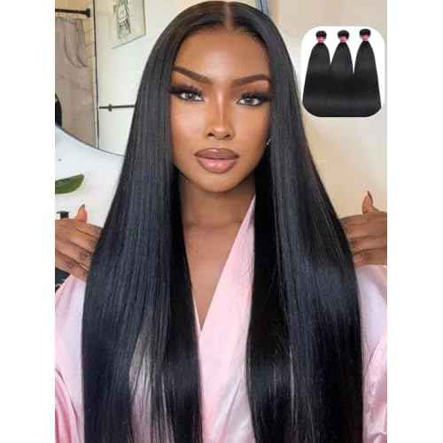 YIROO Yaki Straight Human Hair Weave 3 Bundles 12A Kinky Straight Double Wefts for Women Unprocessed Real Virgin Hair Sew In Human Hair Extensions Cllip In Light Yaki Natural Black Color 10 12 14Inch