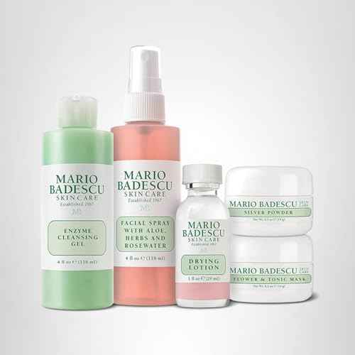 Mario Badescu Essentials 5 Piece Kit, Skincare Gift Set With Drying Lotion, Rose Water Facial Spray, Silver Powder, Enzyme Cleansing Gel and Flower & Tonic Mask