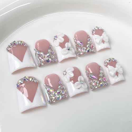 Handmade Press on Nails Rhinestones Press on Nails Short Duck Shaped Fake Nail White French Acrylic Nails Full Cover Reusable Flower False Nail for Women Girls Nail Accessories (Size M)