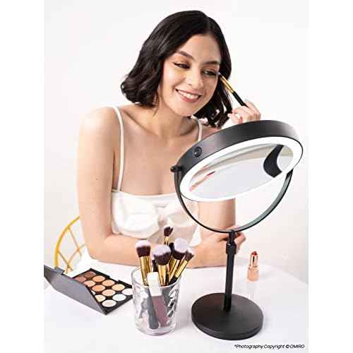 OMIRO 3X/10X Magnifying Makeup Mirror with Lights, 8.5 Inches Double Sided Swivel-Free Vanity Mirror with Height-Adjustable Stand. (Black)